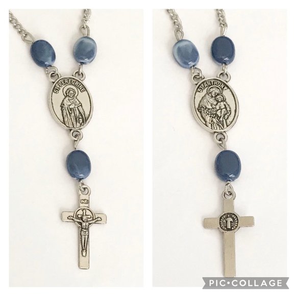 Vintage St Saint Anthony Peregrine Cross Necklace Medal Catholic 21" Blue Beads - Picture 3 of 11